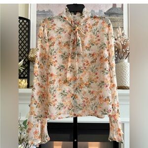 Vintage Floral Tie Neck Blouse Romantic Chiffon Long Sleeve Sheer Cottagecore